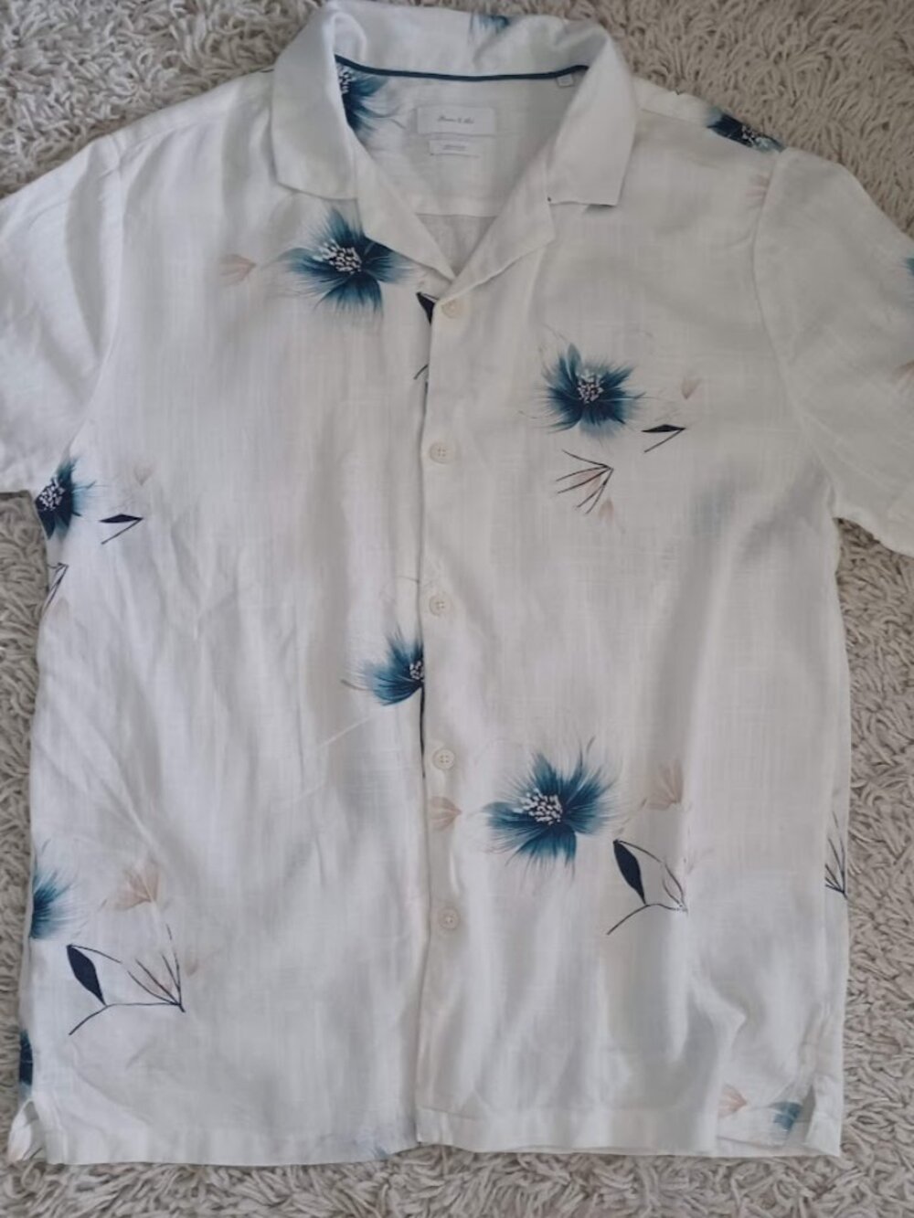 Porter & Ash Linen Blend Hawaiian Shirt Mens L White Blue Floral Button Up Shirt